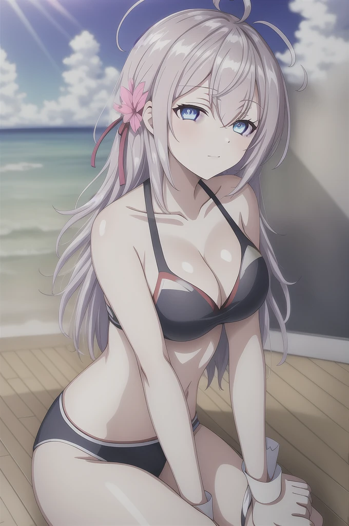 Alisa,1 girl,standing alone,laboutg_body hair,gazing_phi_viewer,bangss,cerulean_eyeballs,body hair_bland_eyeballs,body hair_ribbabout,Ahoge,gris_body hair,summer_don,(Pink_don:1.2),sitting down_about_floor,flowers_fild