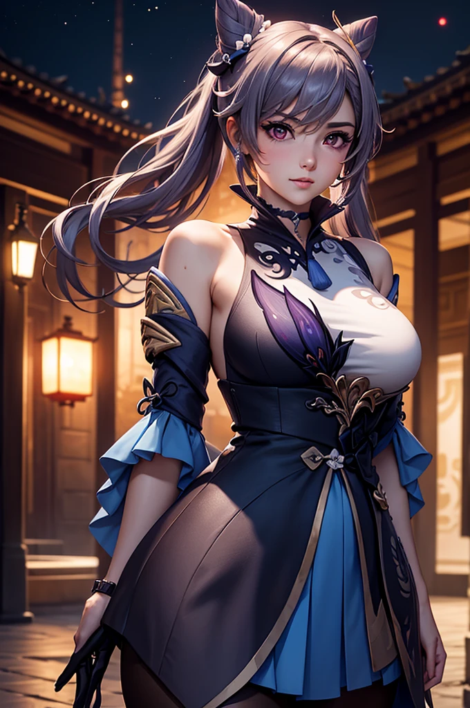 ((highly detailed)), genshin impact, keqing, perfect human hands,(great breast:1.1),relaxed pose, ((fit female)) , super perfct body curve, masterpiece, 4K, detailed, perfect face, (20 years old) language, fit figure, gorgeous perfect face, happy expression, realistic style and super detailed renderings, superrealism, super-realistic oil, contour shadow-procesull body portrait, standing, (((hands on waist))), high res, ultrasharp, 8K, masterpiece, looking at viewer, blushing, chinese city in the background, super detailed eyes