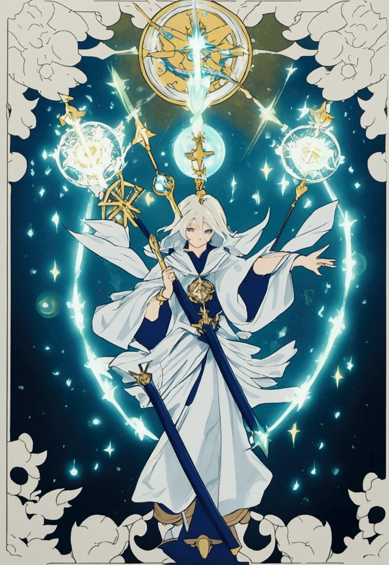 Beautiful celestial mage with light powers and a magical staff