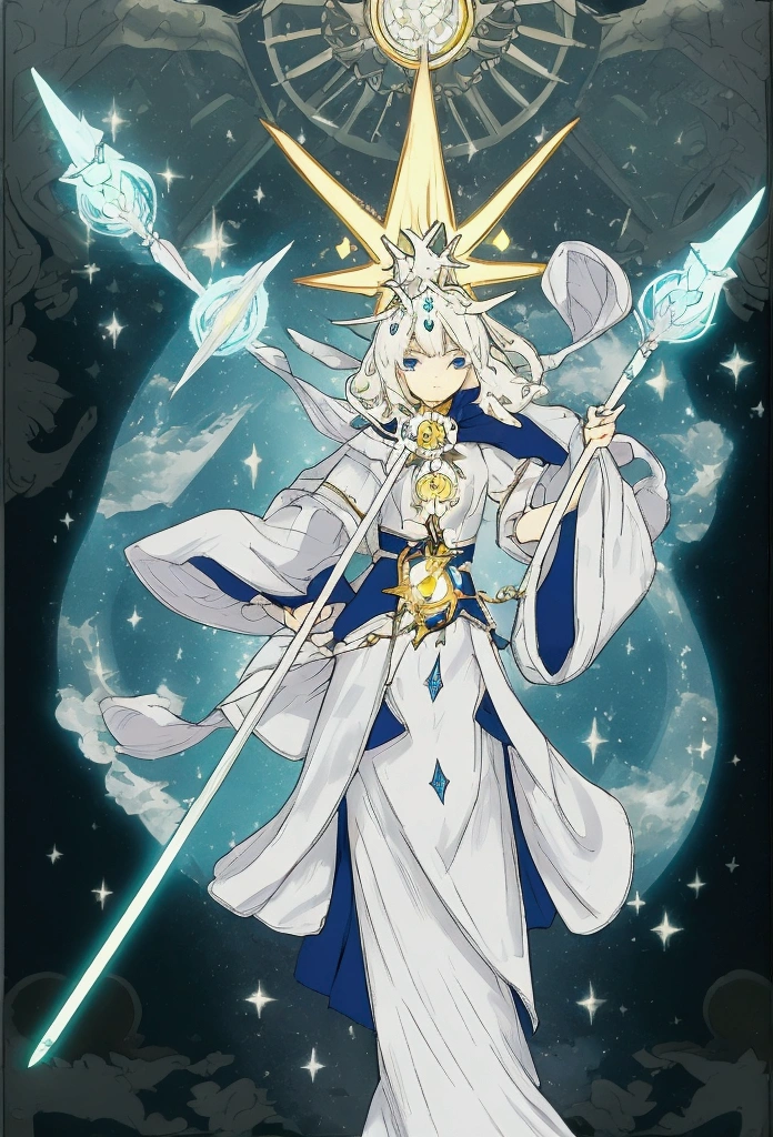 Beautiful celestial mage with light powers and a magical staff