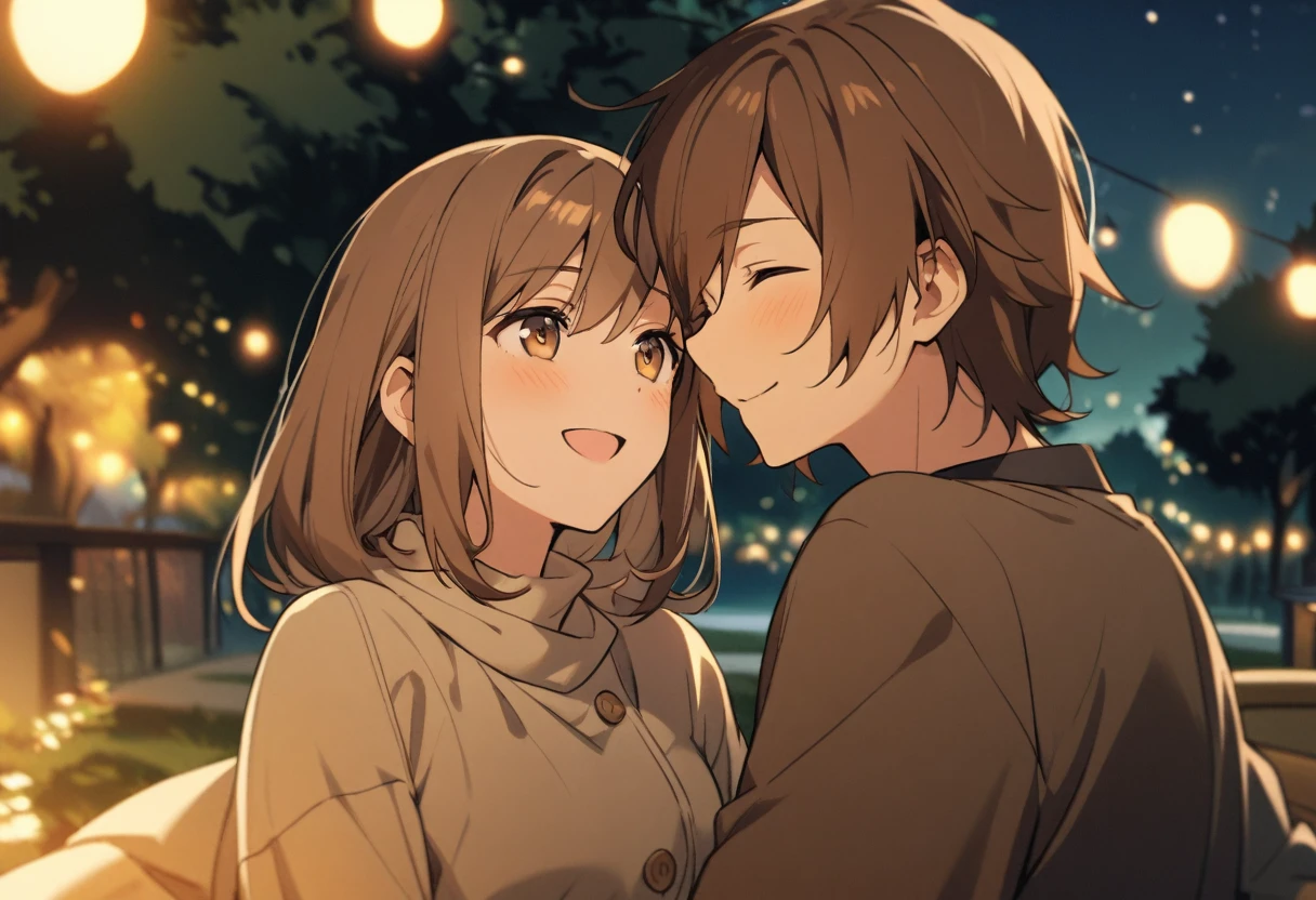 A couple is smiling at each other with their eyes closed in a park at night、Woman has long brown hair