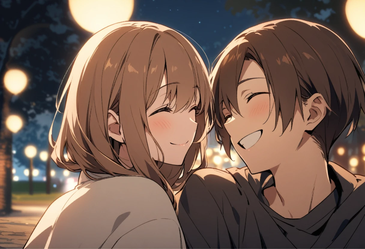 A couple is smiling at each other with their eyes closed in a park at night、Woman has long brown hair