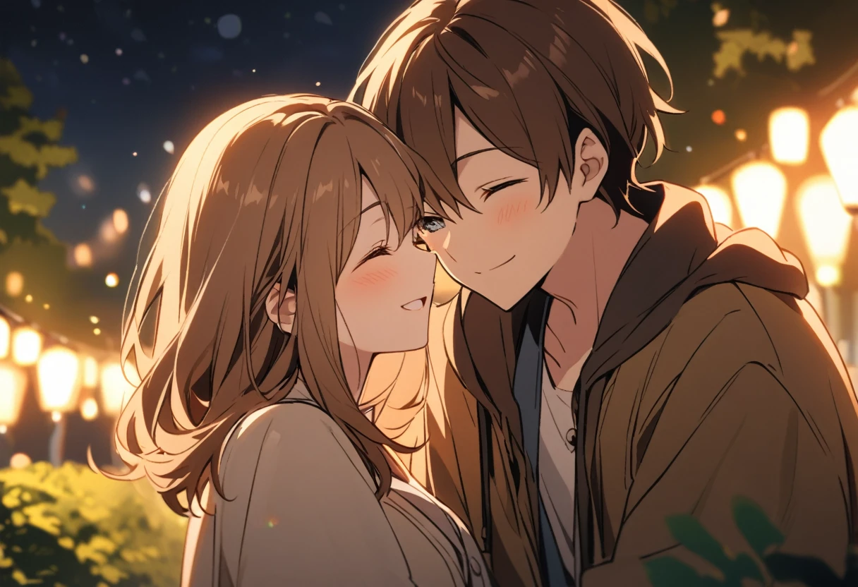 A couple is smiling at each other with their eyes closed in a park at night、Woman has long brown hair