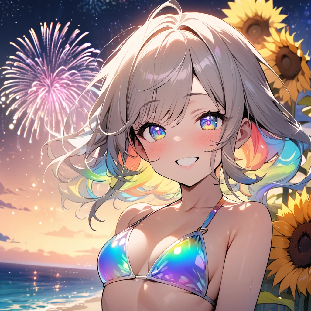 Top quality, masterpiece,Rainbow Hair,Rainbow Eyes,smile,woman wearing a iridescent bikini,Gorgeous fireworks, rainbow and stars in the night sky, sunflower field, sea, sandy beach, smile,Rainbow in the sky