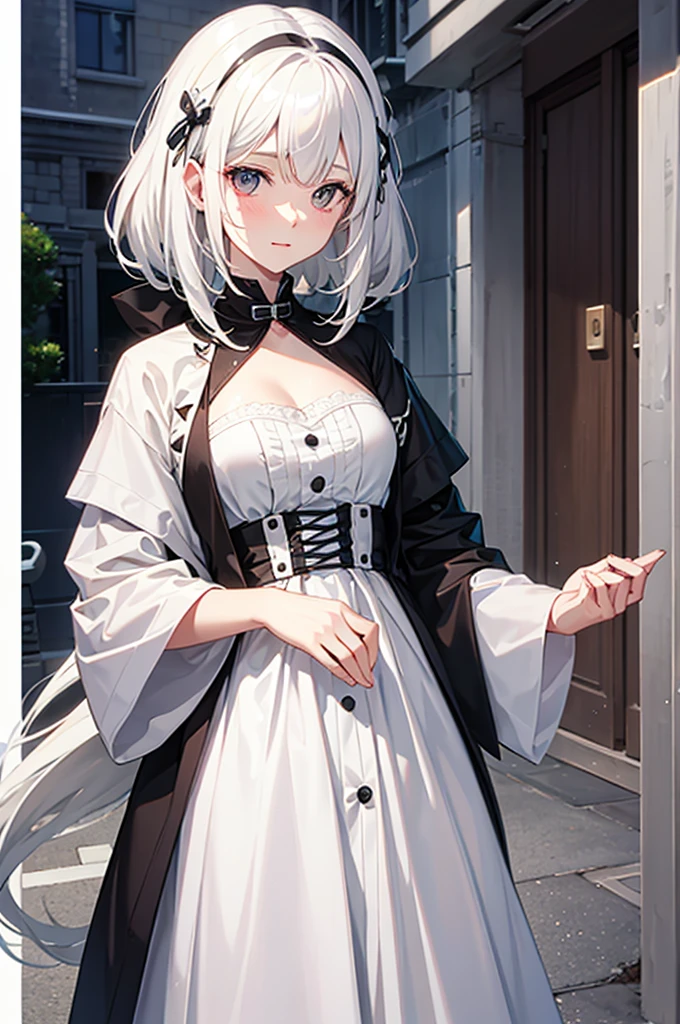 Create an image of a white-haired female dog