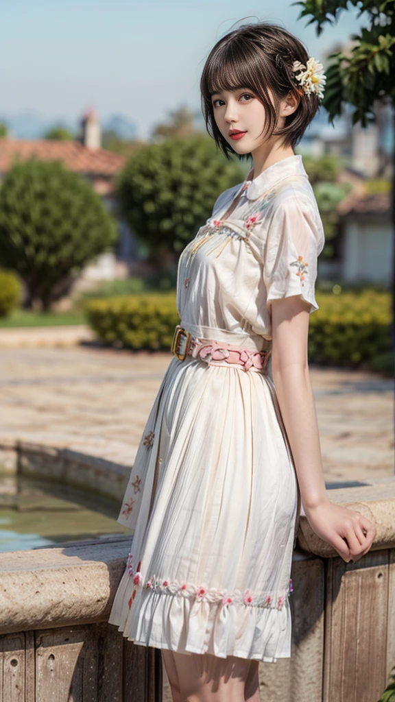 (20-year-old female,Flower Clothing), (Surrealism), (high resolution), ((Beautiful Hairstyle 46)), ((short hair:1.46)), (Gentle smile), (Chested:1.1), (Lipstick),miniskirt,belt,garden,