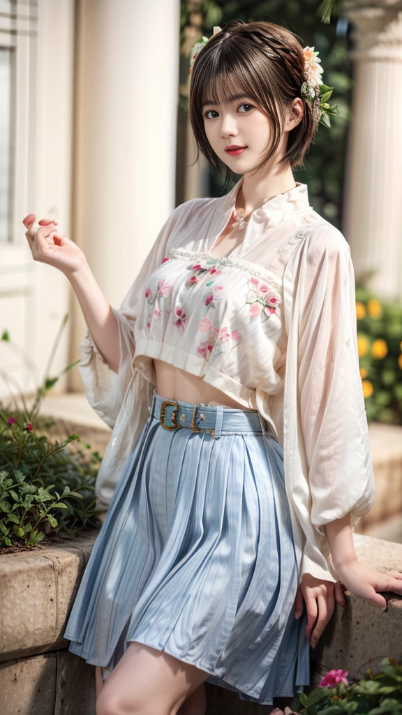 (20-year-old female,Flower Clothing), (Surrealism), (high resolution), ((Beautiful Hairstyle 46)), ((short hair:1.46)), (Gentle smile), (Chested:1.1), (Lipstick),miniskirt,belt,garden,