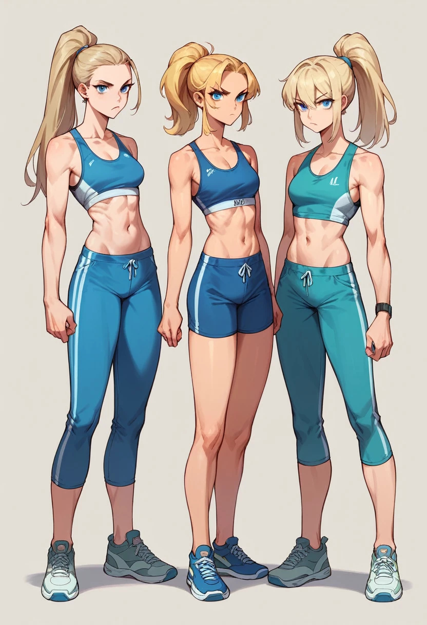 Teenage woman wearing a sports top, completely flat breasts, slim, serious look, blonde hair gathered in a high ponytail, bright blue eyes, serious look, full length image, scene doing athletics