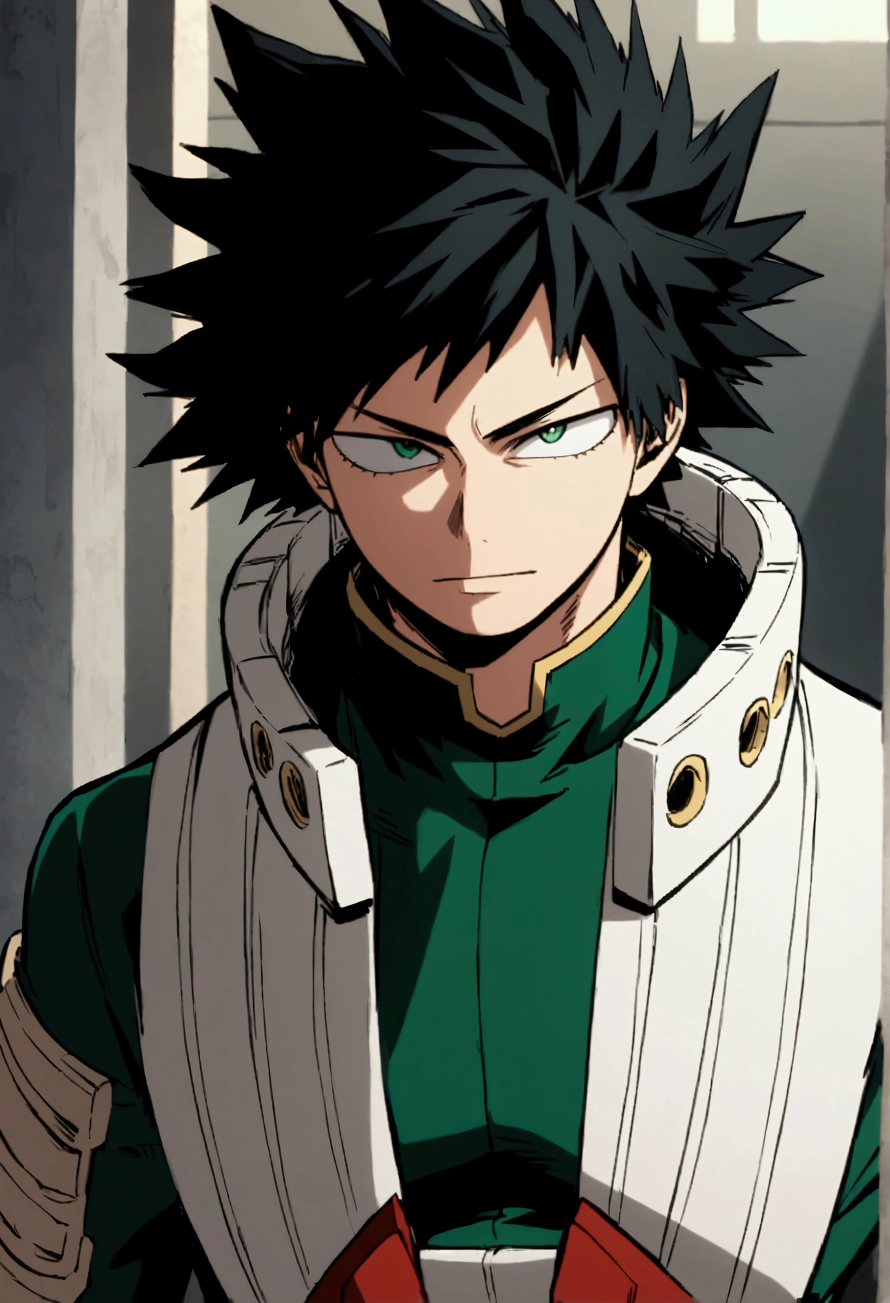 Screenshot of boku no hero academia , beautiful young boy .with strong black hair. Green eyes .wearing Boku no Hero clothes, gentle face, Boku no Hero Style