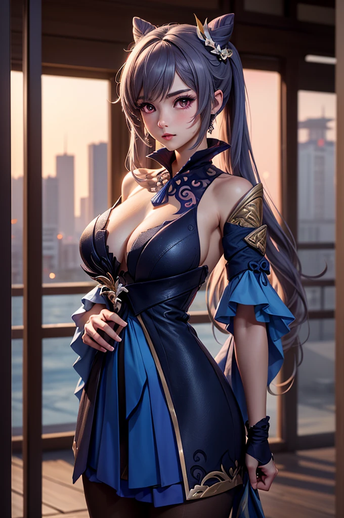((highly detailed)), genshin impact, keqing, perfect human hands,(great breast:1.1),relaxed pose, ((fit female)) , super perfct body curve, masterpiece, 4K, detailed, perfect face, (20 years old) language, fit figure, gorgeous perfect face, happy expression, realistic style and super detailed renderings, superrealism, super-realistic oil, contour shadow-procesull body portrait, standing, (((hands on waist))), high res, ultrasharp, 8K, masterpiece, looking at viewer, blushing, chinese city in the background, super detailed eyes