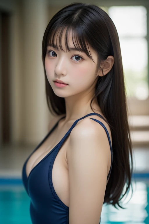 Dreamy atmosphere, High Contrast, Ultra Sharp, Studio shot、Upper body portrait、Angle from below、(Navy School Swimsuit :1.2), (Small breasts), Focus on the chest、Slim Body Enhancement、Realistic、Realistic、Highly detailed cute girl、alone、18-year-old、Japanese、Melancholic expression, Brown Hair、Medium long cut hair, Background Pool、Out of focus、Blurred、