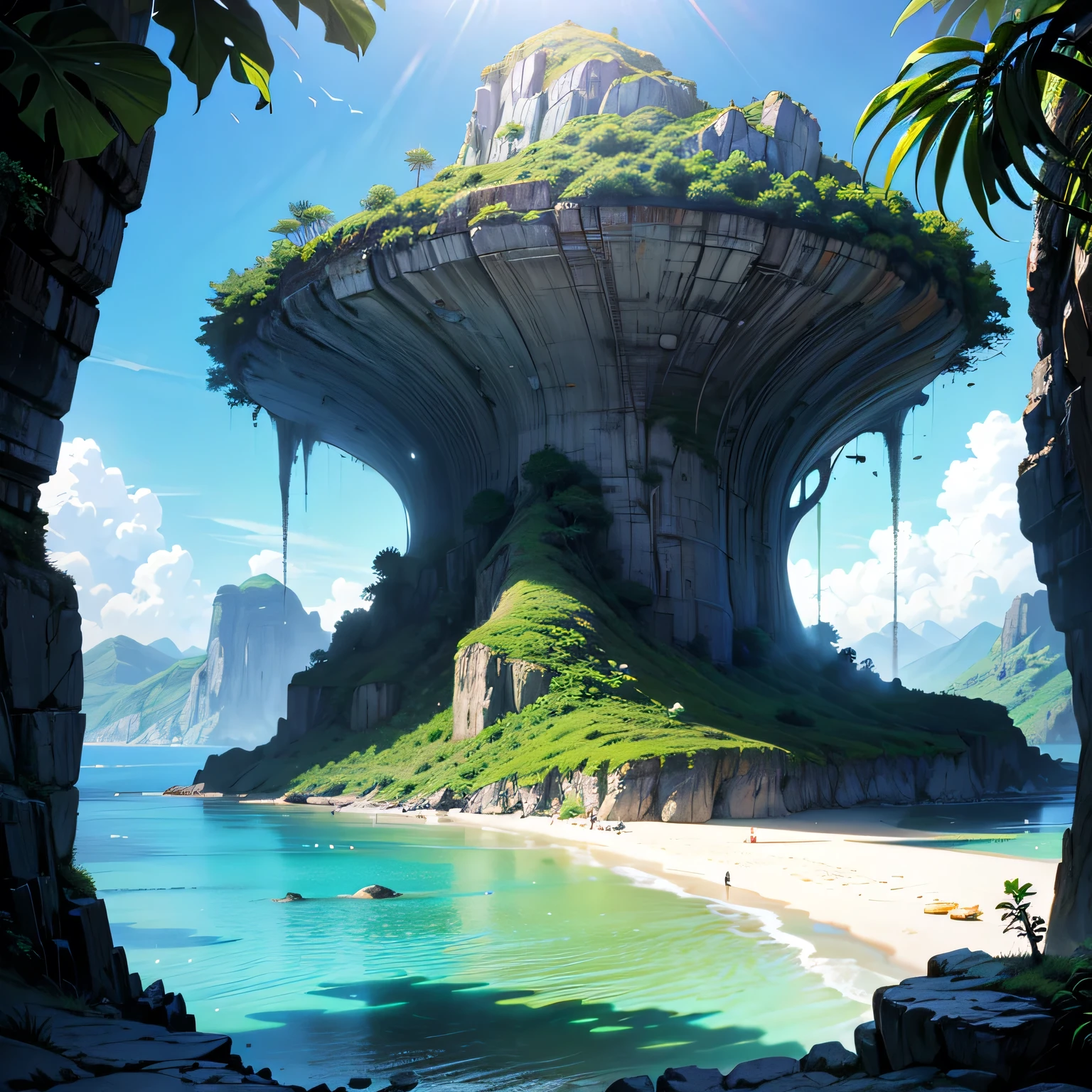A highly detailed and realistic illustration of a surreal, fantastical deserted island landscape inspired by the adventure science fiction novel "The Mysterious Island" by Jules Verne, cinematic lighting, dramatic composition, lush tropical foliage, rugged cliffs, mysterious caves, pristine beaches, lagoons and waterfalls, vibrant colors, photorealistic rendering, 8k, best quality