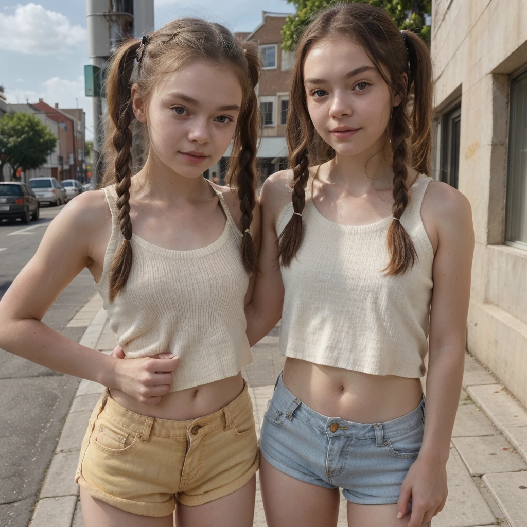 sexy girl similar to elle fanning, beautiful detailed eyes, beautiful detailed lips, extremely detailed eyes and face, long brown hair, two pigtails, relaxed expression, red sleeveless top, yellow sweater, jean shorts, white sneakers, sidewalk, urban setting, natural light, photorealistic, 8k, detailed, perfect hands, 💯 little body, very youthful body and face, full body shot