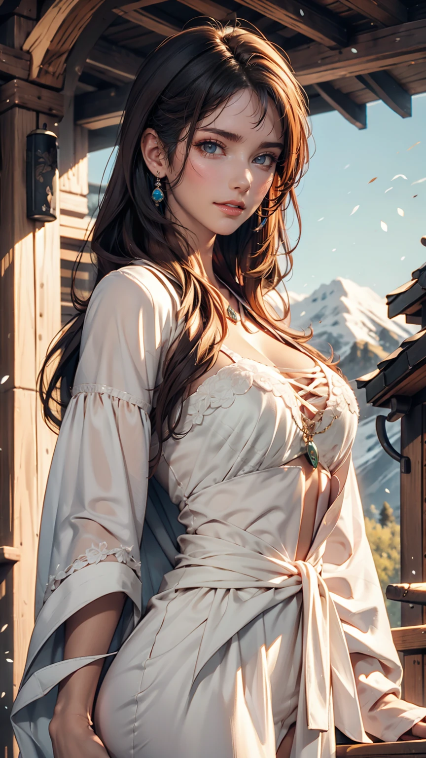 ((styled old westerner oil painting, only one woman)), ((in the dark, in the dim place, dark sky, deep mountain pass, trees)), (((round face))), (blush, drooping eyes), ((showing off her light pubic hair, small breasts, large areolas, swollen nipples)), young woman, casual clothes,