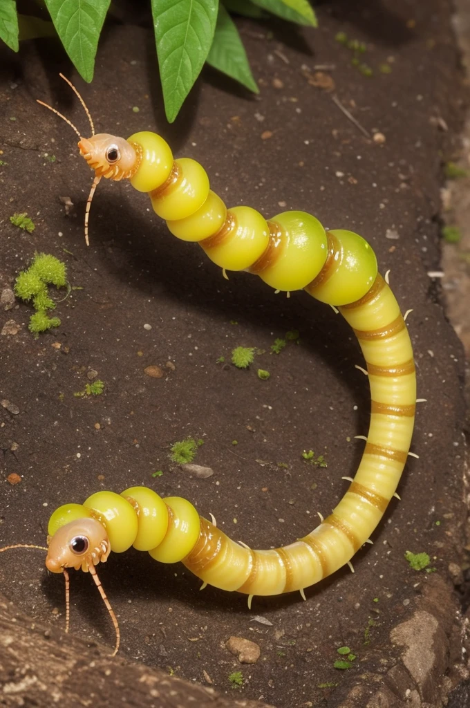 A yellow worm, crawling and worm-shaped. It releases green slime and has a round mouth with pointy teeth.. It looks like this worm is quite angry!