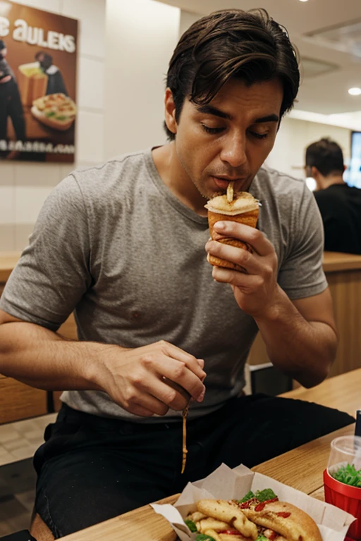 man eating fast food