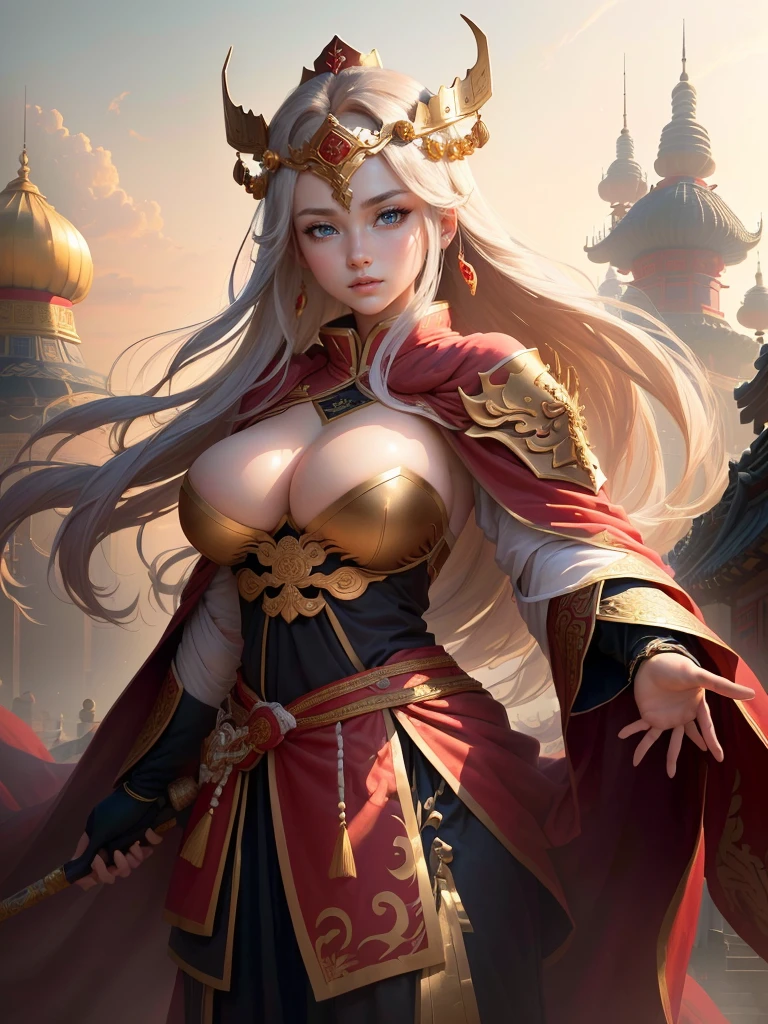 a painting of a woman in a red cape and a gold crown, inspired by Huang Shen, zhao yun, inspired by Li Kan, inspired by Huang Ding, inspired by Wu Bin, inspired by Fan Kuan, inspired by Cao Zhibai, inspired by Li Gonglin, bian lian, inspired by Zhao Yuan, xianxia hero, guan yu, Highly detailed CG unit 8k wallpaper, masterpiece, High resolution, highest quality, highest quality real texture skin, Super Real, Digital Painting, Best image quality, 最High resolution, 8k, (((Highly detailed eyes and face, Beautiful eyes every detail))), disproportionate breasts, huge breasts, sagging breasts, gigantic breasts, (腕を組む, 頬に手を当てる, )