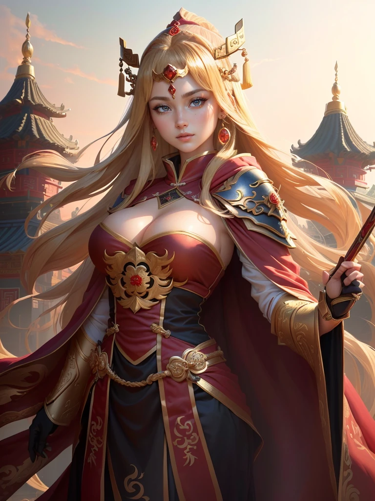 a painting of a woman in a red cape and a gold crown, inspired by Huang Shen, zhao yun, inspired by Li Kan, inspired by Huang Ding, inspired by Wu Bin, inspired by Fan Kuan, inspired by Cao Zhibai, inspired by Li Gonglin, bian lian, inspired by Zhao Yuan, xianxia hero, guan yu, Highly detailed CG unit 8k wallpaper, masterpiece, High resolution, highest quality, highest quality real texture skin, Super Real, Digital Painting, Best image quality, 最High resolution, 8k, (((Highly detailed eyes and face, Beautiful eyes every detail))), disproportionate breasts, huge breasts, sagging breasts, gigantic breasts, (腕を組む, 頬に手を当てる, )