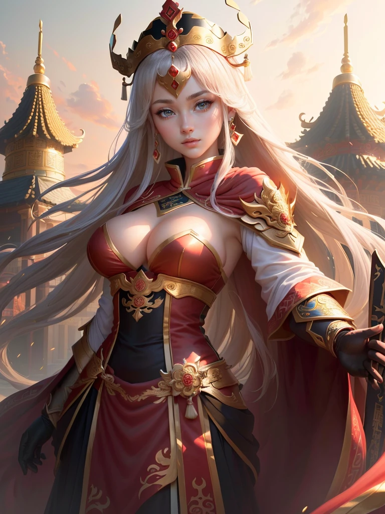 a painting of a woman in a red cape and a gold crown, inspired by Huang Shen, zhao yun, inspired by Li Kan, inspired by Huang Ding, inspired by Wu Bin, inspired by Fan Kuan, inspired by Cao Zhibai, inspired by Li Gonglin, bian lian, inspired by Zhao Yuan, xianxia hero, guan yu, Highly detailed CG unit 8k wallpaper, masterpiece, High resolution, highest quality, highest quality real texture skin, Super Real, Digital Painting, Best image quality, 最High resolution, 8k, (((Highly detailed eyes and face, Beautiful eyes every detail))), disproportionate breasts, huge breasts, sagging breasts, gigantic breasts, (腕を組む, 頬に手を当てる, )