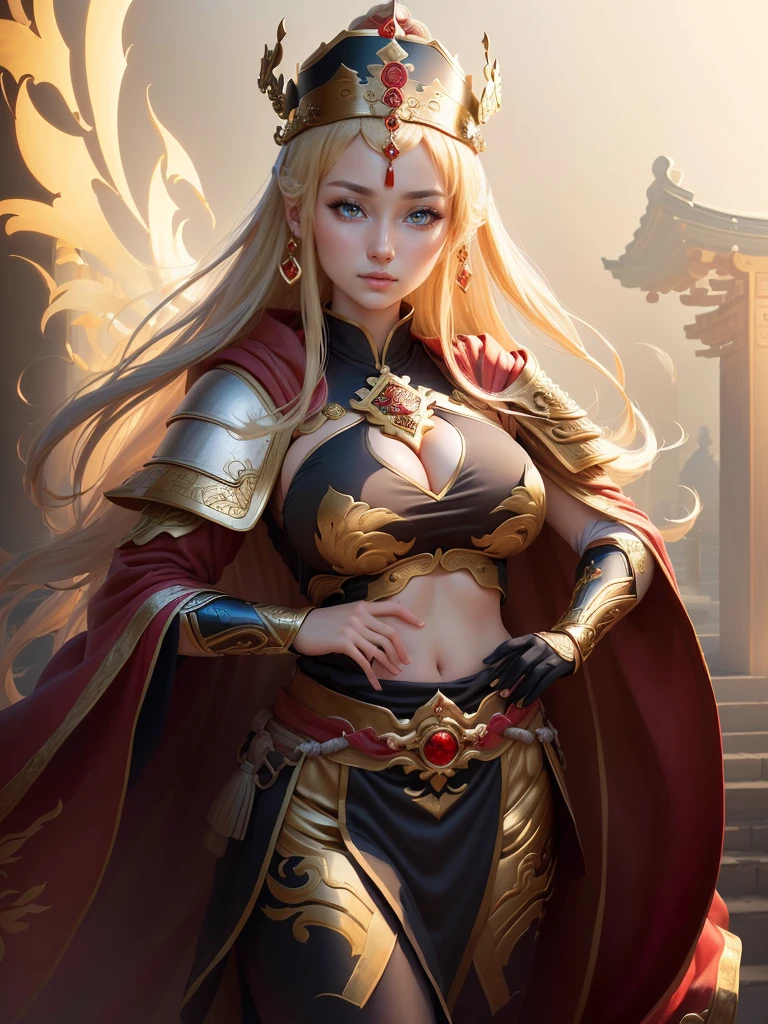 a painting of a woman in a red cape and a gold crown, inspired by Huang Shen, zhao yun, inspired by Li Kan, inspired by Huang Ding, inspired by Wu Bin, inspired by Fan Kuan, inspired by Cao Zhibai, inspired by Li Gonglin, bian lian, inspired by Zhao Yuan, xianxia hero, guan yu, Highly detailed CG unit 8k wallpaper, masterpiece, High resolution, highest quality, highest quality real texture skin, Super Real, Digital Painting, Best image quality, 最High resolution, 8k, (((Highly detailed eyes and face, Beautiful eyes every detail))), disproportionate breasts, huge breasts, sagging breasts, gigantic breasts, (腕を組む, 頬に手を当てる, )