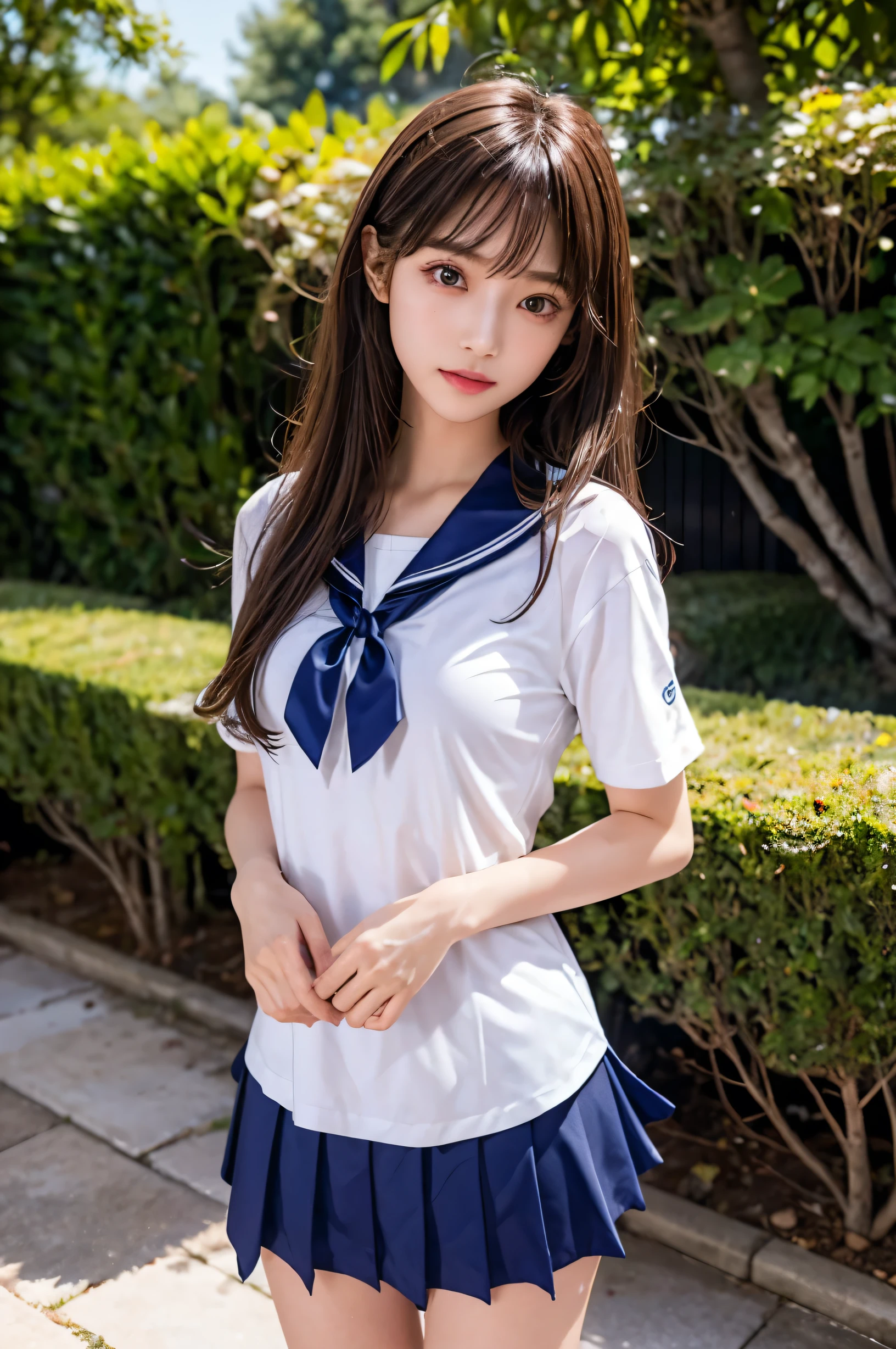 (ultra HD), (White short-sleeved sailor suit, Navy blue mini skirt, Tight fit), Big Breasts, Slender, whole body, (Clean and shiny skin, Whitening, No makeup), (超Slenderな顔立ち, Super beautiful face, Delicate face), (long hair, Layered Cut, Fluffy hair,light brown), (Patchy double eyelids, Slanted Eyes), Small Nose, Thin lips, Thin legs, Schoolyard, Are standing