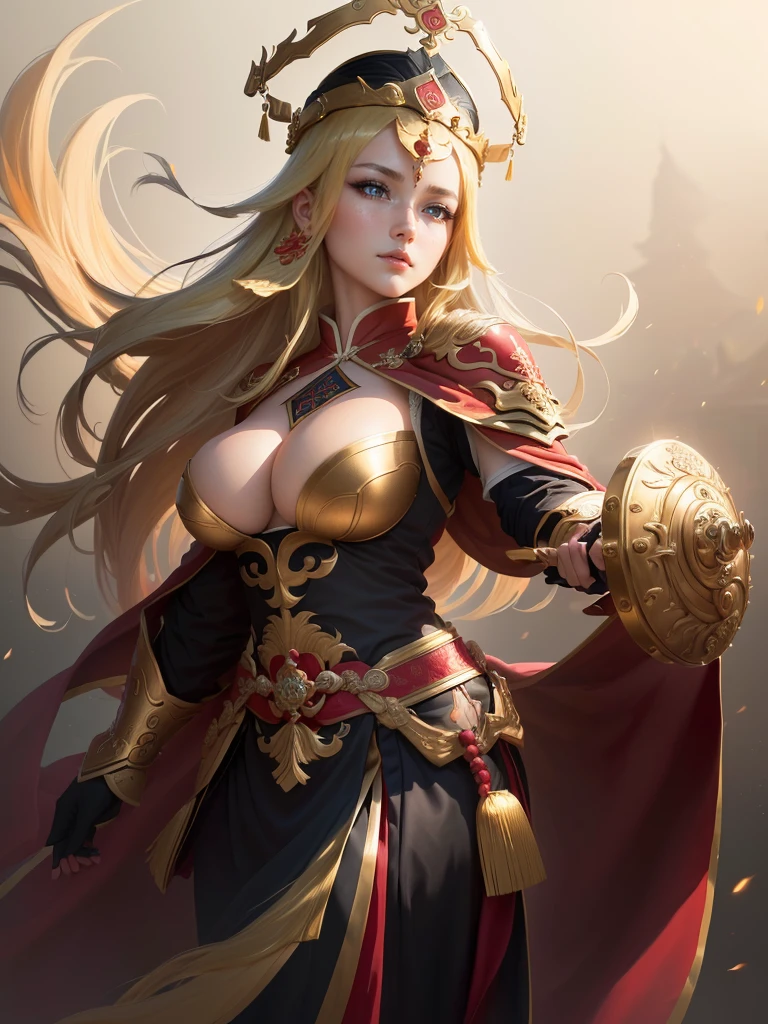 a painting of a woman in a red cape and a gold crown, inspired by Huang Shen, zhao yun, inspired by Li Kan, inspired by Huang Ding, inspired by Wu Bin, inspired by Fan Kuan, inspired by Cao Zhibai, inspired by Li Gonglin, bian lian, inspired by Zhao Yuan, xianxia hero, guan yu, Highly detailed CG unit 8k wallpaper, masterpiece, High resolution, highest quality, highest quality real texture skin, Super Real, Digital Painting, Best image quality, 最High resolution, 8k, (((Highly detailed eyes and face, Beautiful eyes every detail))), disproportionate breasts, huge breasts, sagging breasts, gigantic breasts, (腕を組む, 頬に手を当てる, )