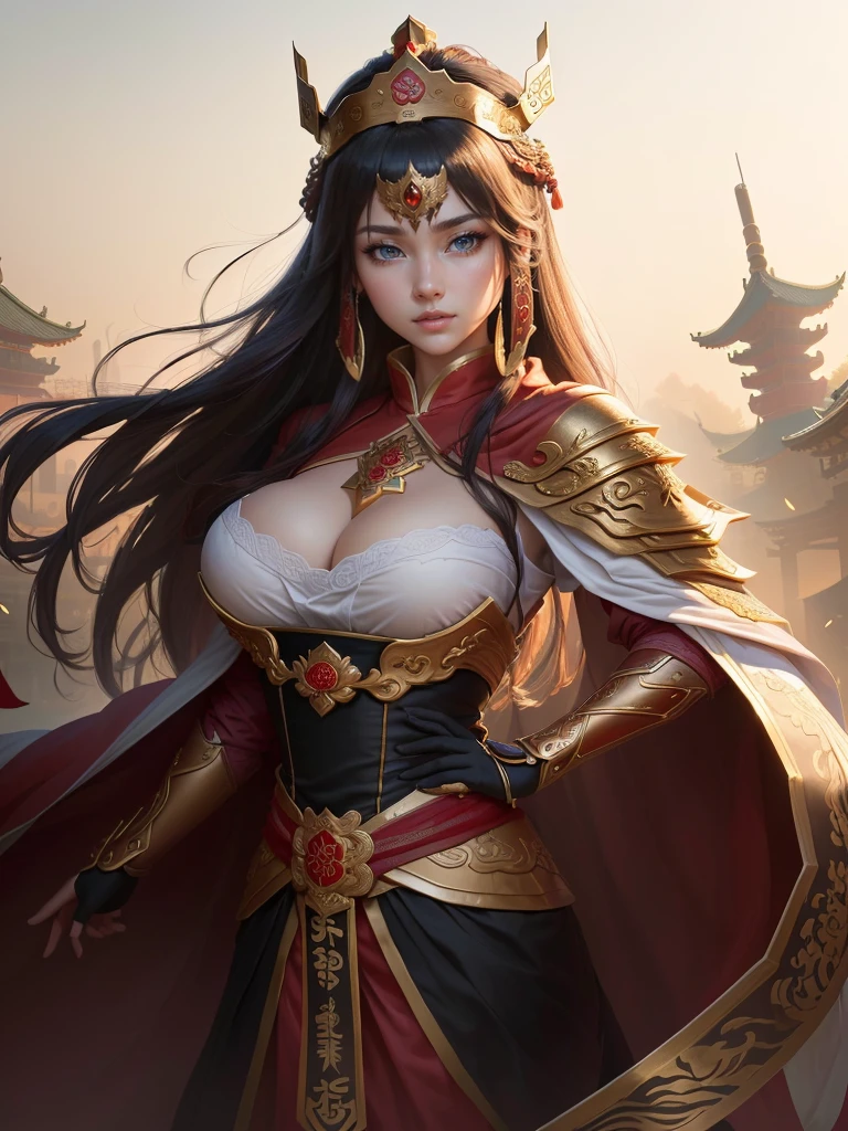 a painting of a woman in a red cape and a gold crown, inspired by Huang Shen, zhao yun, inspired by Li Kan, inspired by Huang Ding, inspired by Wu Bin, inspired by Fan Kuan, inspired by Cao Zhibai, inspired by Li Gonglin, bian lian, inspired by Zhao Yuan, xianxia hero, guan yu, Highly detailed CG unit 8k wallpaper, masterpiece, High resolution, highest quality, highest quality real texture skin, Super Real, Digital Painting, Best image quality, 最High resolution, 8k, (((Highly detailed eyes and face, Beautiful eyes every detail))), disproportionate breasts, huge breasts, sagging breasts, gigantic breasts, (腕を組む, 頬に手を当てる, )
