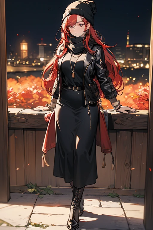 ((masterpiece, best quality, ultra-detailed)), beautiful woman walking through a fall garden, brown leather jacket with gray t-shirt, scarf, beanie, bracelet, black maxi skirt, leather boots, backpack, full body, long red hair, wavy hair, fall garden, leaves, night