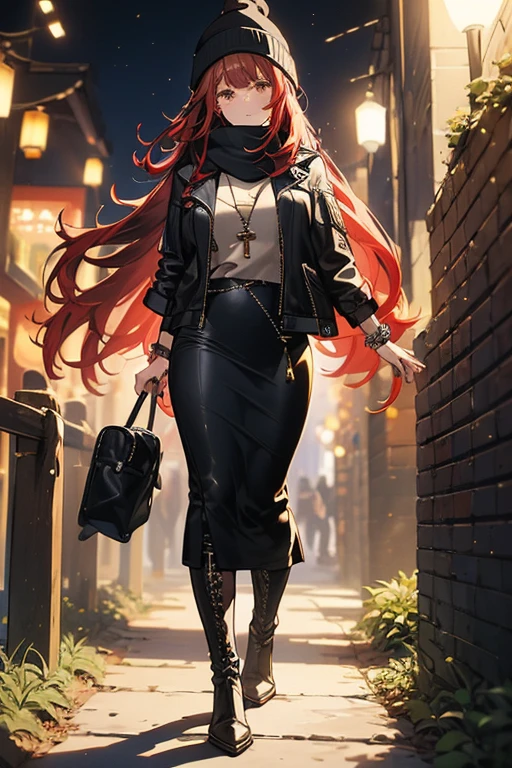 ((masterpiece, best quality, ultra-detailed)), beautiful woman walking through a fall garden, brown leather jacket with gray t-shirt, scarf, beanie, bracelet, black maxi skirt, leather boots, backpack, full body, long red hair, wavy hair, fall garden, leaves, night