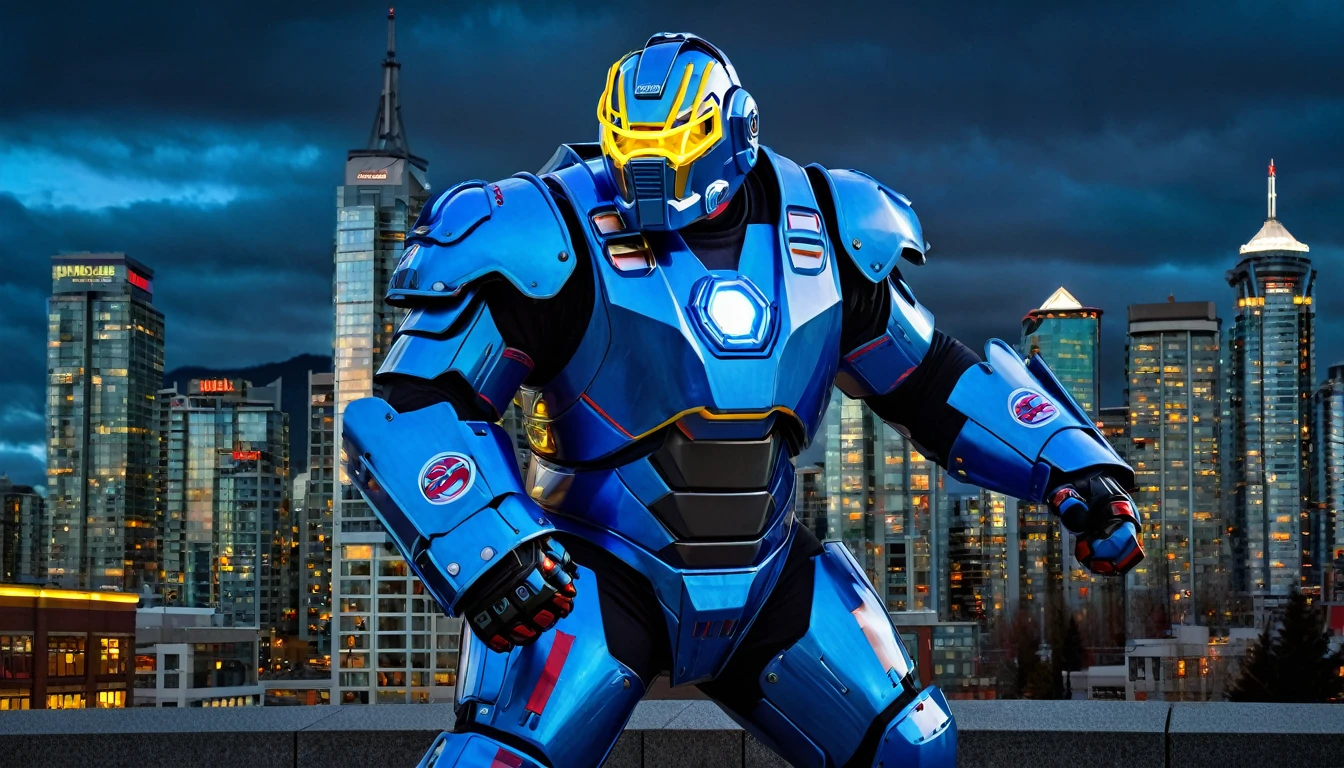 Supersized mech suit ready for battle, battle pose, full body shot, Vancouver Canada, high-quality artwork, metal armour, intense lighting, cityscape background, heroic pose, dramatic shadows, carbon fiber suit with black and yellow neon lights and red eyes, hockey helmet with blue visor, video game, blue electric fists, hulkbuster with goalie hockey mask design, old goalie mask helmet design, blue electric fists