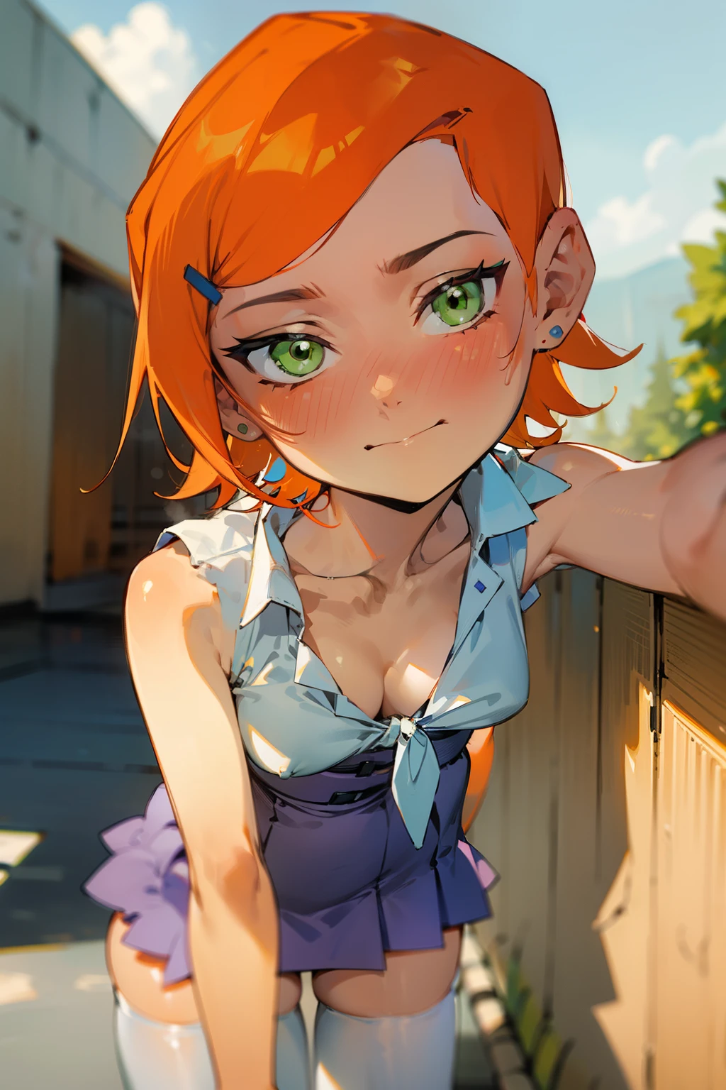 (Masterpiece), Best Quality, ultra-detailed, 1girl (Gwendolyn_Tennyson, lovely small breasts, neck choker, orange hair, short hair, green eyes, half-closed eyes),evil face, mascara, full makeup, dark eyeshadow, red lipstick, smirk , parted lips, nose blush, blush, facing viewer, looking at viewer, solo,white shirts, cleavage,
red lace bra , pleats skirt,pink skirt( pattern black), ultra mini skirt, red lace panties,loose socks, in the classroom, night time, , sitting, sitting on desk, spread legs, come-on, lure,, Sexy waist teasing, , ,
