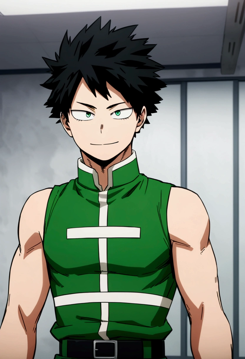 Screenshot of boku no hero academia , beautiful young boy .with strong black hair. Green eyes .wearing Boku no Hero clothes, gentle face, smiling, Boku no Hero Style, inside the UA academy 