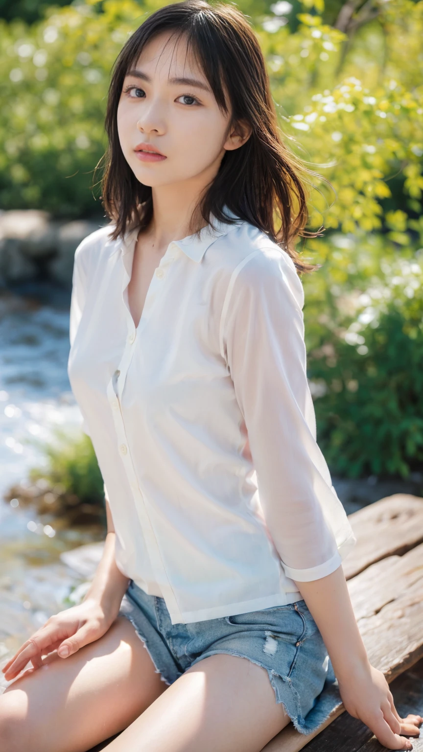 high resolution、Japanese women、cute、Small face、Long Hair、Brown Hair Color、The eyebrows are thin、Woman in her 20s、Outdoor shooting、White pajamas、A big smile、Hair tied back