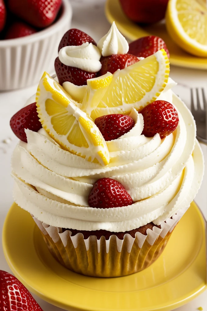 Create an image of a cupcake logo called honeymoon where the image for a company looks very elaborate and very detailed. It has to be a cake that contains strawberries or lemon