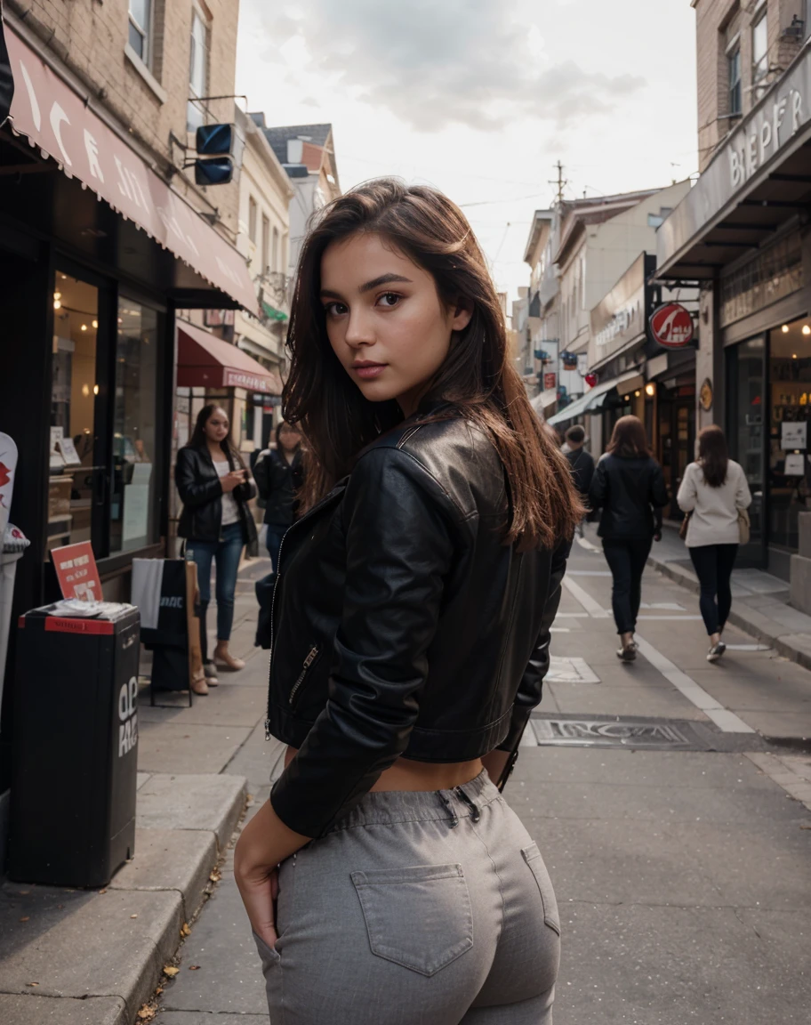 1girl, beautiful sexy super model, 22 years old,tanned brown skin, full makeup,natural lightning, beautiful perfect face, medium sized breats, body,medium ass , body, slim figure, correct anatomy, bright eyes, realistic body, photorealistic, 16k resolutions, raw photo, high detail, high quality, sharp focus, dynamic light, high depth, half body,photo pose,She’s dressed in a casual yet chic outfit, a leather jacket over a graphic teen and pants standing outside a cafe.