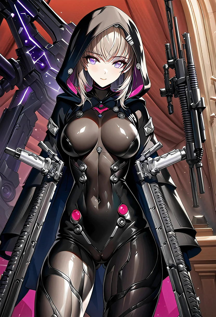 hood, jacket, body suit, black clothes, black wear, tights, weapon, cowboy shot, blue and purple eyes, perfect eyes, ultra detailed beautiful face, masterpiece, super fine illustration, ultra high res, masterwork, best quality, cg unity 8k wallpaper, official art, ultra detailed, clear eyes, shiny tights,