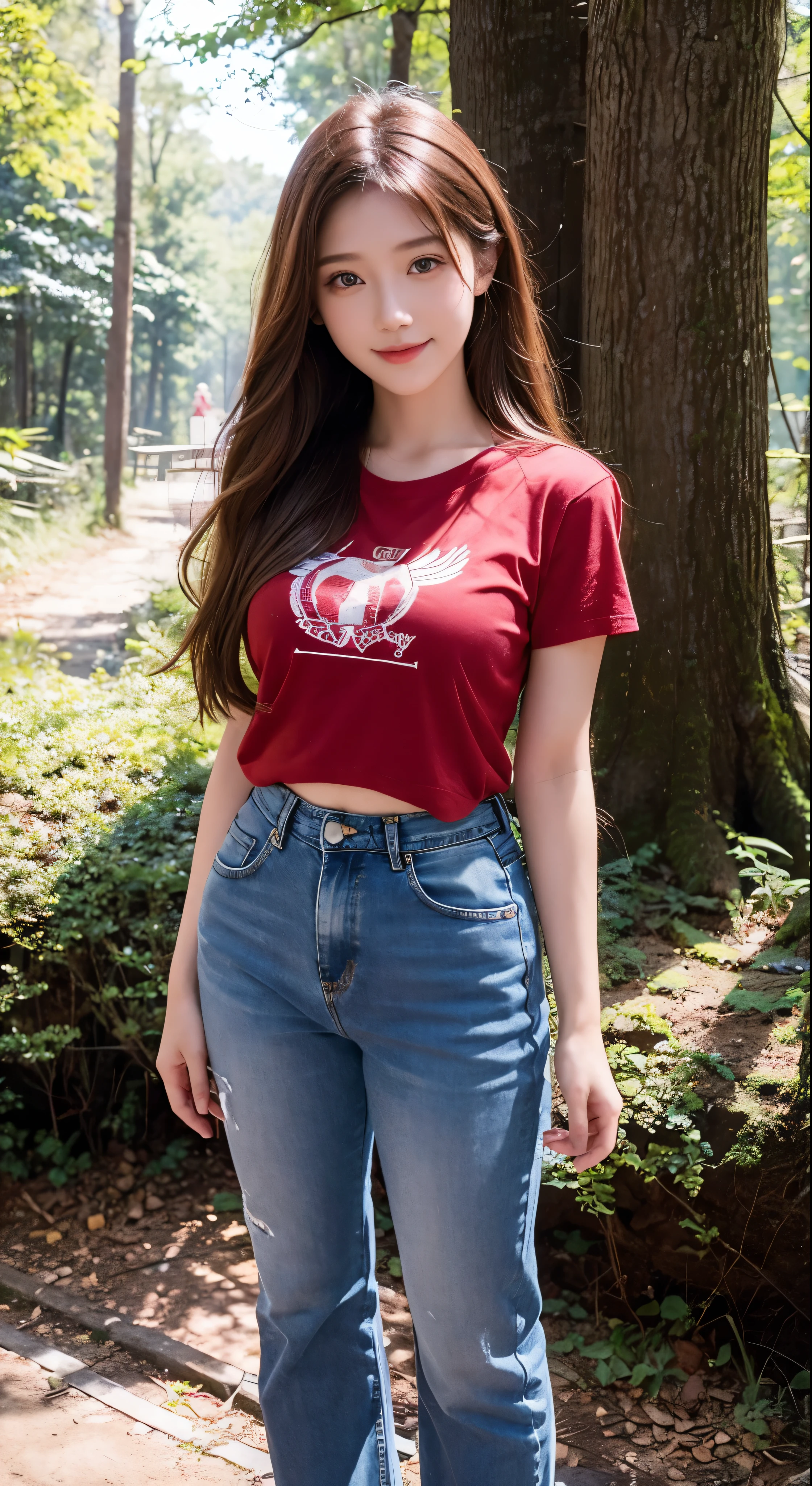 with high definition images，beautiful女の子、18-year-old，face showing、Red T-shirt and denim pants、Long chestnut hair、brown、8k、Professional photos、delicate、clear、in the forest、sun、Light leakage、masterpiece、(beautiful))))、(reality))))、smile、Facial details，Fantasy、Angel、young，Full body high quality images