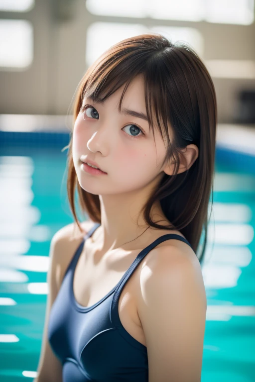 Dreamy atmosphere, High Contrast, Ultra Sharp, Studio shot、Upper body portrait、Angle from below、(Navy School Swimsuit :1.2), (Small breasts), Focus on the chest、Slim Body Enhancement、Realistic、Realistic、Highly detailed cute girl、alone、、Japanese、Melancholic expression, Brown Hair、Medium long cut hair, Background Pool、Out of focus、Blurred、