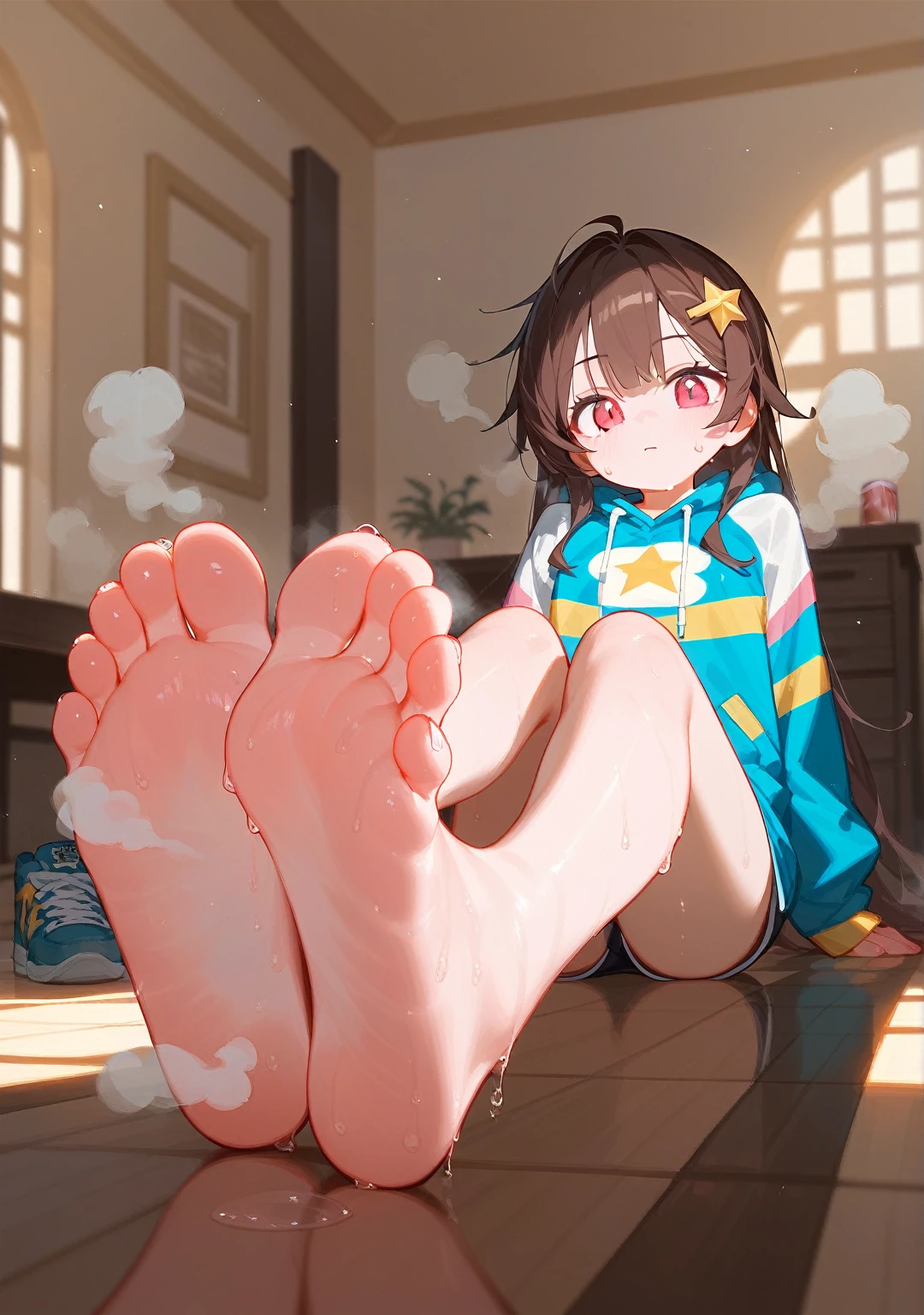 wallpaper，sit on the floor， Long hair，best quality, Very detailed, masterpiece, Extremely detailed, illustration, Sky,Foot Focus， barefoot,Stinky feet,Steam around feet,脚底Sweating很多，Sweating all over，Sweating，Pink Eyes，There is a big five-pointed star hairpin in the hair，Brown hair,Each foot can only have five toes，There is a pair of sneakers next to it，