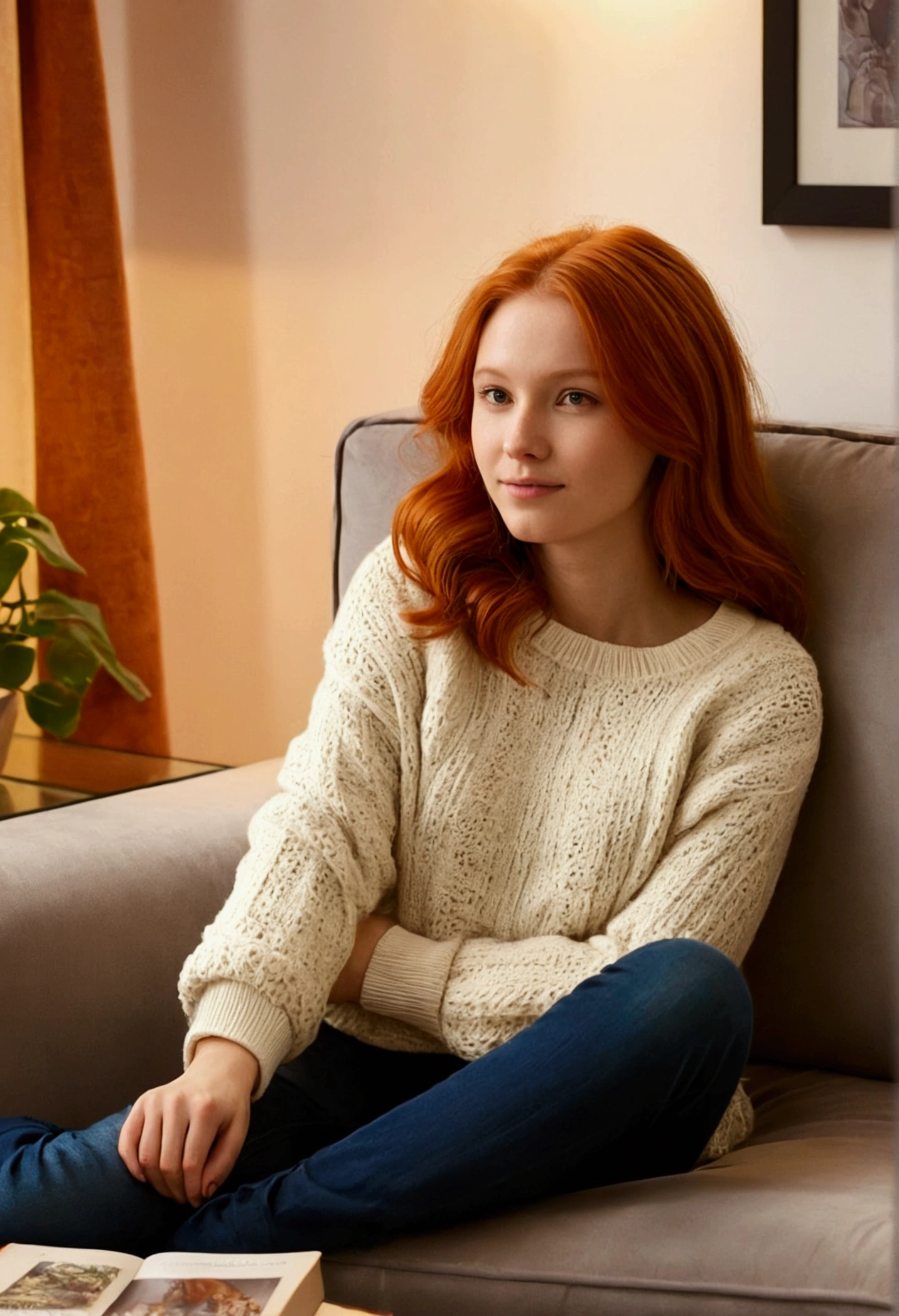 Create an image of a young Russian woman in her twenties with red hair, sitting comfortably in a cozy, warmly-lit living room or bedroom. The environment should exude warmth and comfort, with soft lighting, plush furniture, and perhaps some personal touches like books, plants, or art on the walls. The woman should have a relaxed and content expression, wearing casual, comfortable clothing that suits the cozy atmosphere. The overall scene should feel inviting and homely, capturing a moment of quiet and peace.