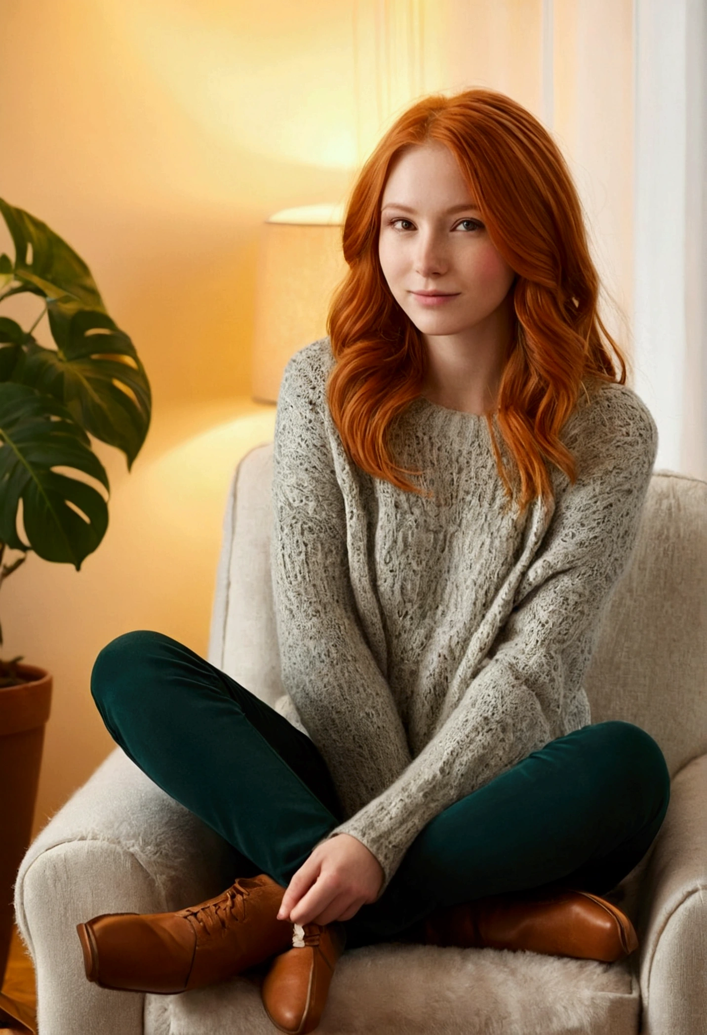 Create an image of a young Russian woman in her twenties with red hair, sitting comfortably in a cozy, warmly-lit living room or bedroom. The environment should exude warmth and comfort, with soft lighting, plush furniture, and perhaps some personal touches like books, plants, or art on the walls. The woman should have a relaxed and content expression, wearing casual, comfortable clothing that suits the cozy atmosphere. The overall scene should feel inviting and homely, capturing a moment of quiet and peace.