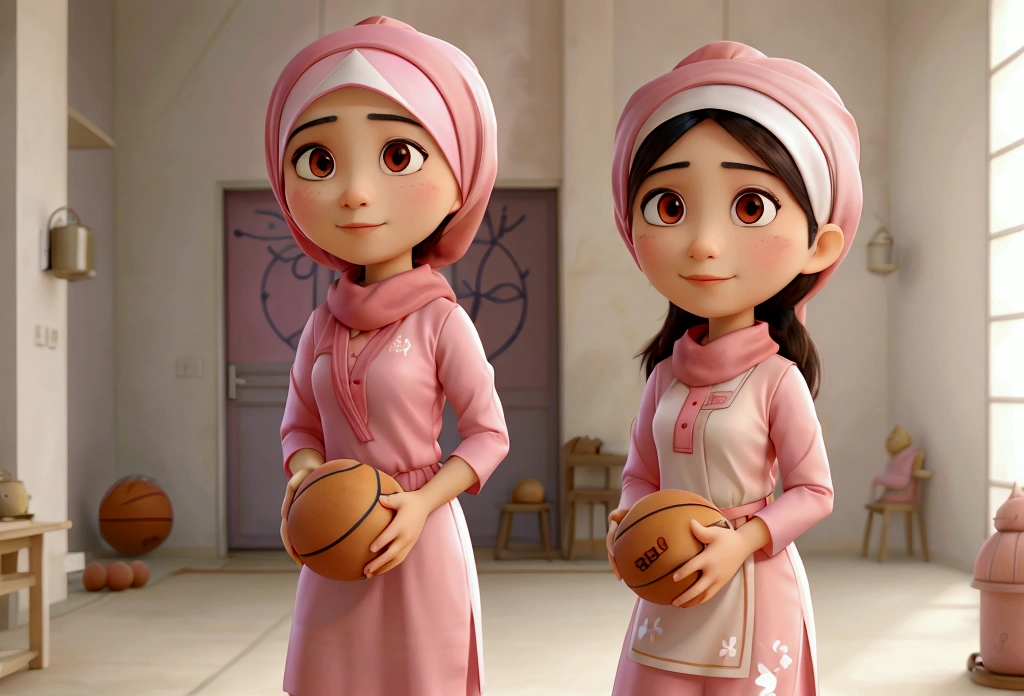 masterpiece, best quality: Successful malay female baker wearing pink hijab and baju kurung with basketball girls team