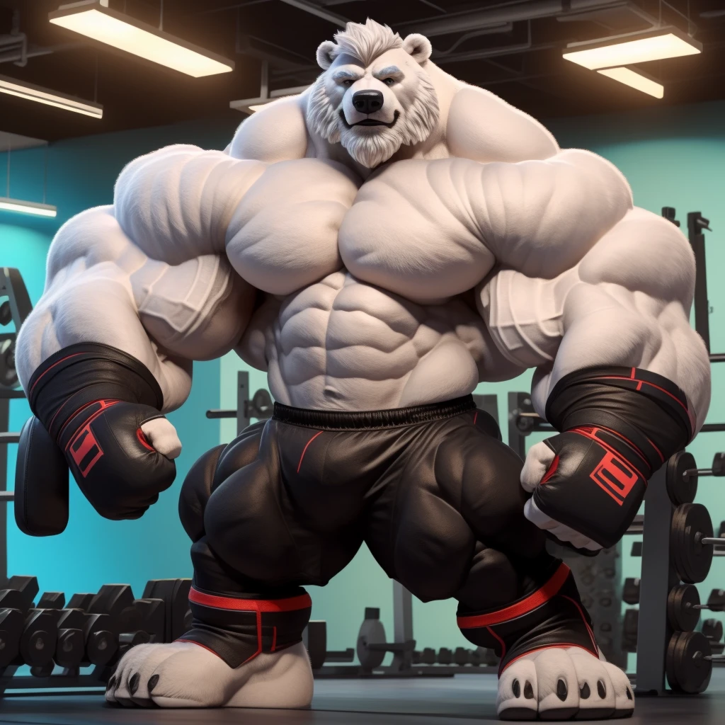 solo, 1boy, Huge Muscular White Polar Bear, huge white fur, pectoral, huge pectoral, wide pectoral, short white hair, ((really big muscle, massive muscular, sixpack, thick arms, wide pectoral, super huge muscle, hyper muscular, over sized muscle, huge arms, big arms, huge pectoral)), black kickboxing shorts, black toeless wootwear, fingerless kickboxing fighting gloves and shirtless and topless, white bearded, white Mustache, white fur, grey eyebrows, gym fitness center background, masterpiece, high detailed, 8k, high resolution, at the gym, flexes huge thorax, looking at the viewer, acting all hunk