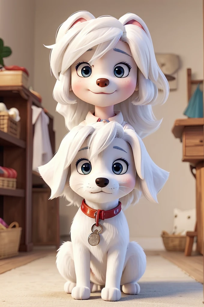 Create an image of a white-haired female dog