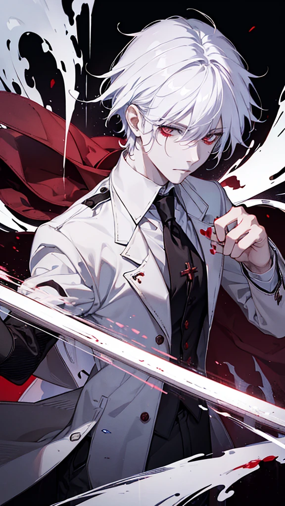 (masterpiece, best quality), solo, male focus, 1male, white collared shirt, (blood_on_clothes), white hair, red eyes, full of anger and madness, desperate, a great intention to kill, battlefield against demons, TOTAL DESTRUCTION PLACE,