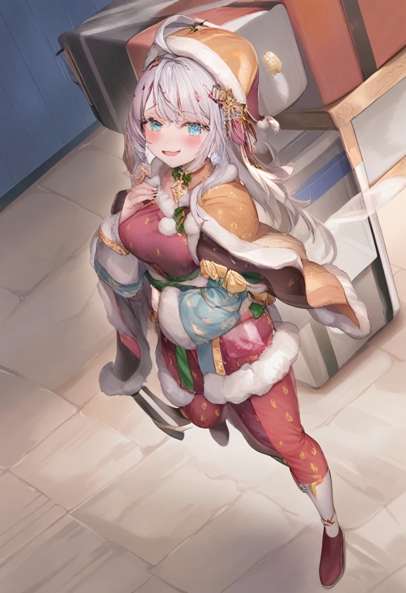 1 girl,  Alisa Mikhailovna Kujou,The monk who was born in Russia,standing alone, long hair, eyebrows visible through hair, hair between the eyes, silver hair, hair ribbon, blue colored eyes, medium breasts, ,long sleeves, jaket, panties exposed Looking at viewer, trunk, dutch angle,cloused mouth, one eye closed, drlight smile,
best qualityer, very aesthetic, absurderes,