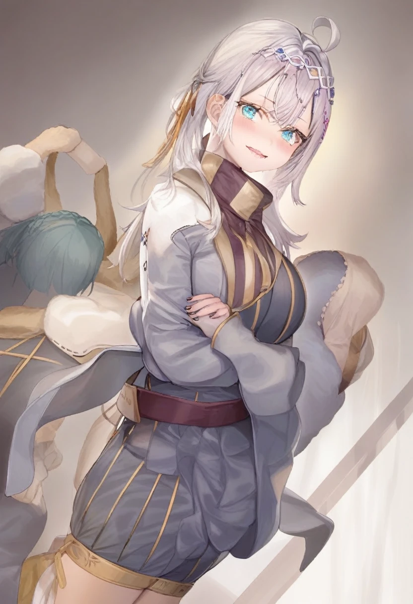 bkornblume, grey hair, blue eyes
s, 1girl,solo,simple background,white background,nai3,masterpiece, best quality, very aesthetic, absurdres, white dress, white skirt, purple scarf, white cape, sailor collar, sitting on bed, tied up, otm gag, upper body,