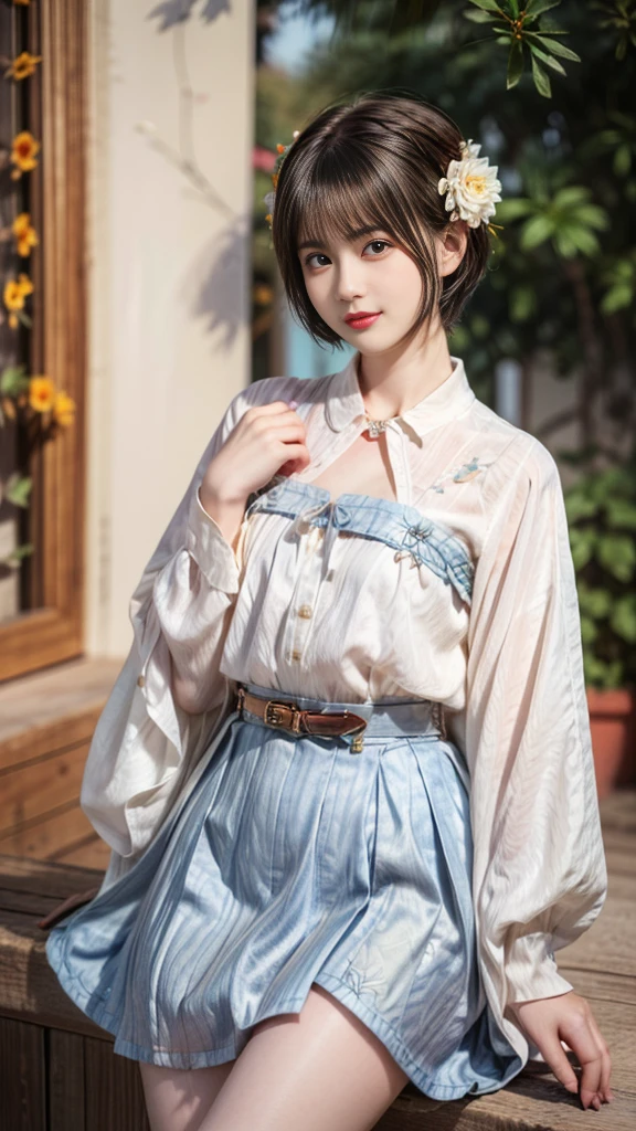 (20-year-old female,Flower Clothing), (Surrealism), (high resolution), ((Beautiful Hairstyle 46)), ((short hair:1.46)), (Gentle smile), (Chested:1.1), (Lipstick),miniskirt,belt,garden,