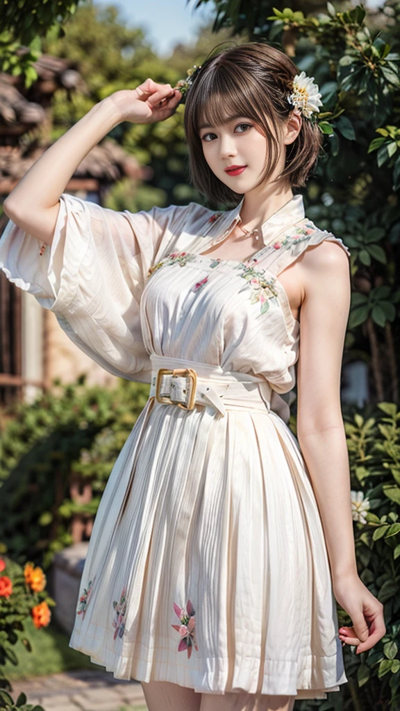 (20-year-old female,Flower Clothing), (Surrealism), (high resolution), ((Beautiful Hairstyle 46)), ((short hair:1.46)), (Gentle smile), (Chested:1.1), (Lipstick),miniskirt,belt,garden,