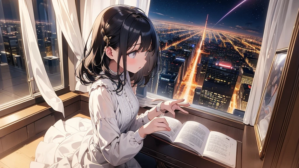 Ultra-high resolution, 8k, (Masterpiece, beautifully、mysterious:1.2), Works by Makoto Xin Haicheng, Lo-fi feel, Perfect human body engineering, 1 female, profile, Impressive eyes, Sparkling Eyes, White ruffled dress, Shiny long black hair, Larger than average bust, Listening to music through headphones, Looking out the window, A room with musical instruments, city view from the window, Impressive cityscape, Bright Sky, meteor, Wide angle, Before dusk